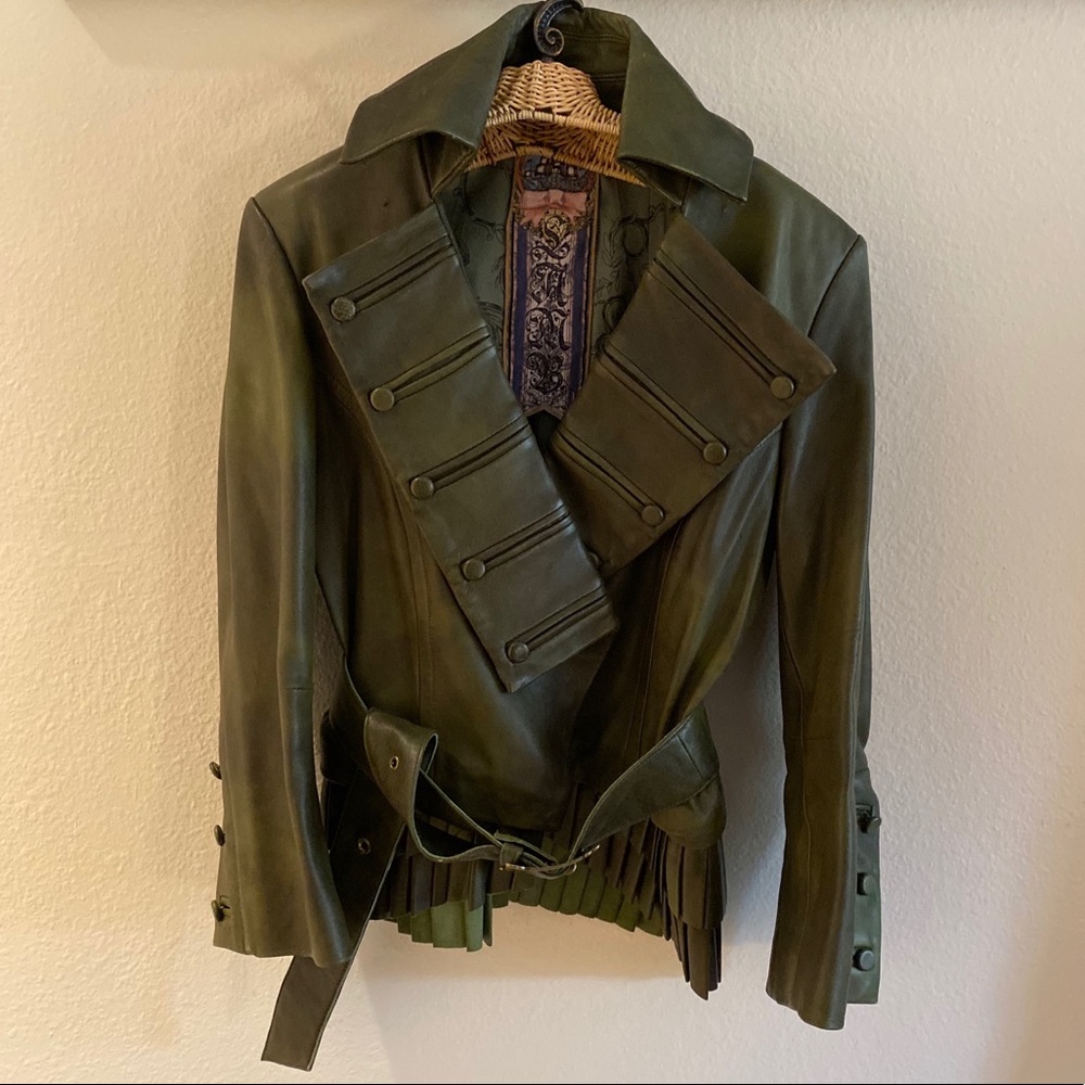 LAMB belted bottle green leather jacket 12